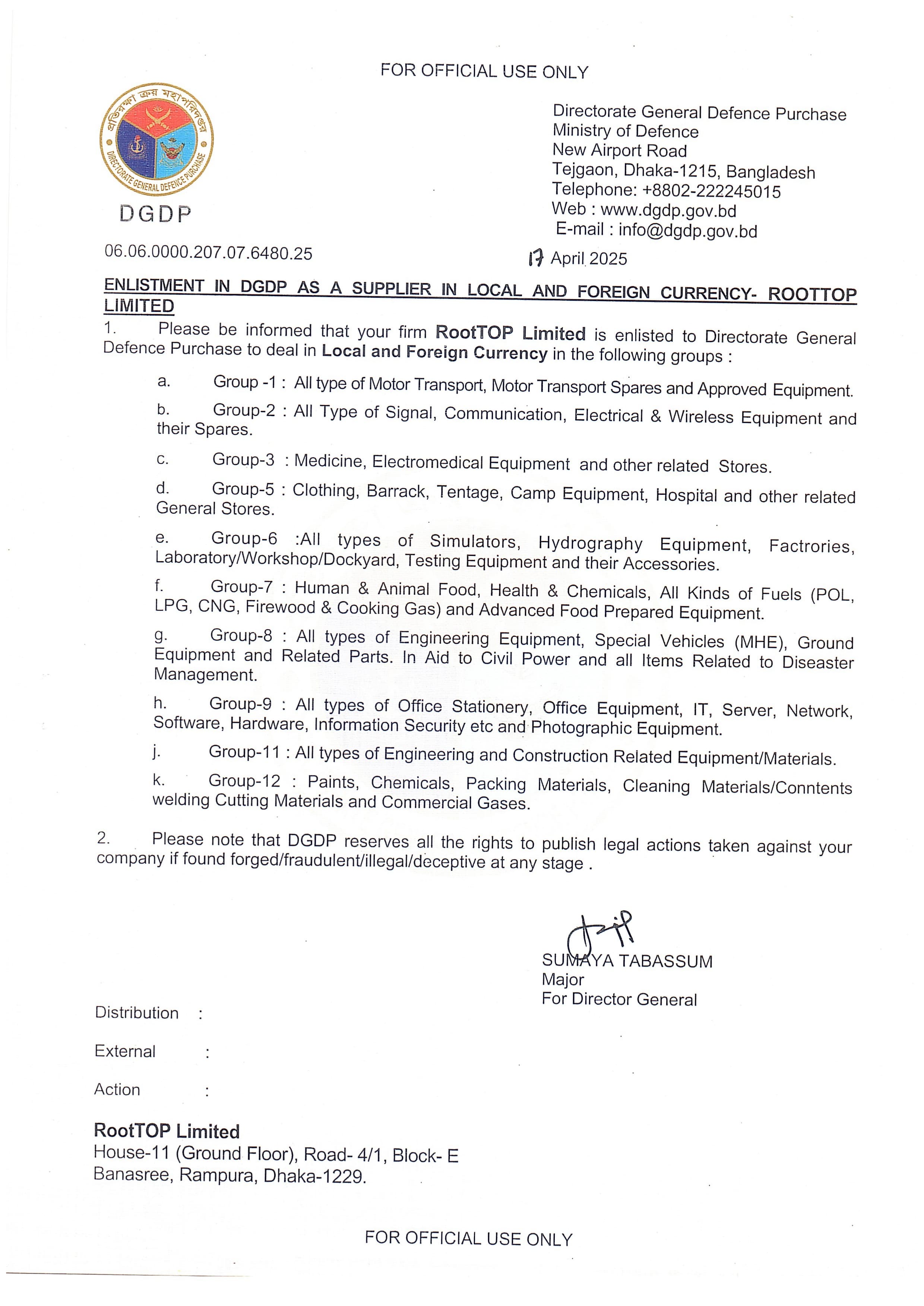 Directorate General Defence Purchase (DGDP) Certificate