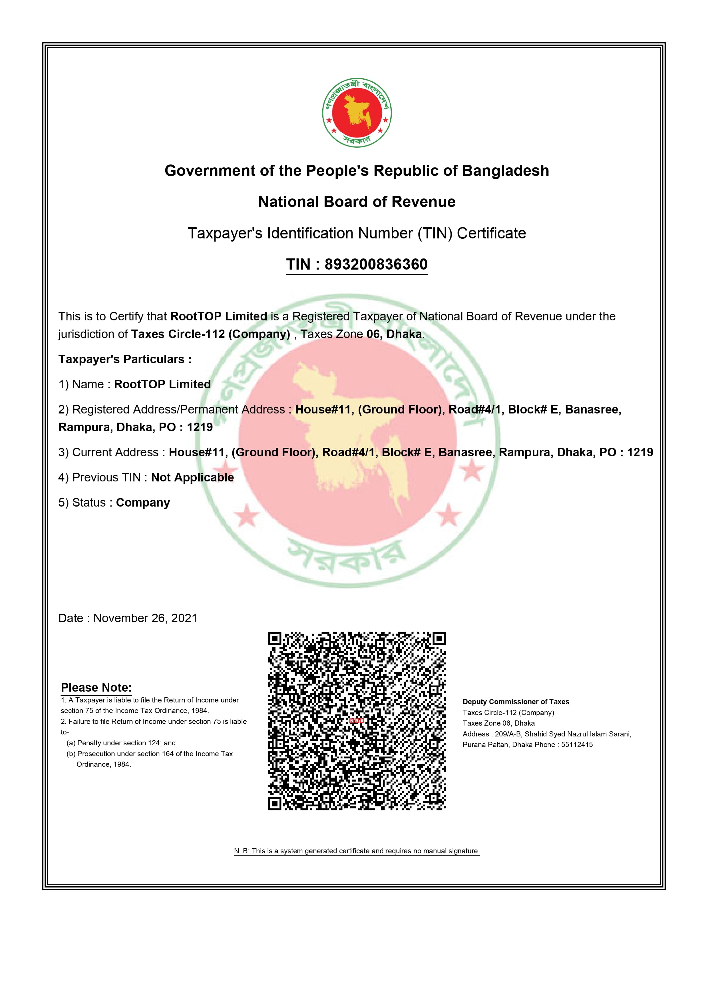 Tax Identification Number (TIN) Certificate