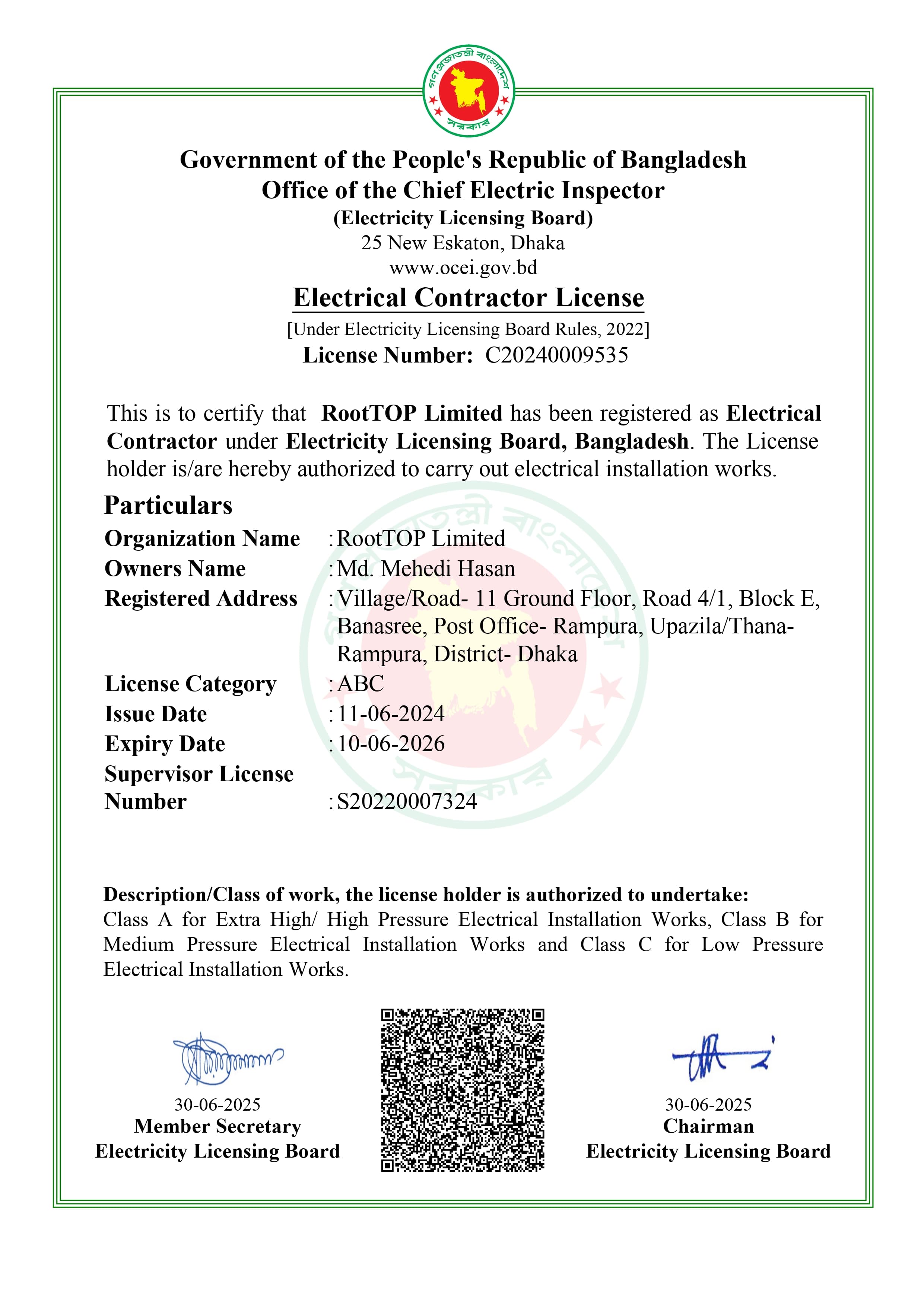 Electrical Contractor Certificate