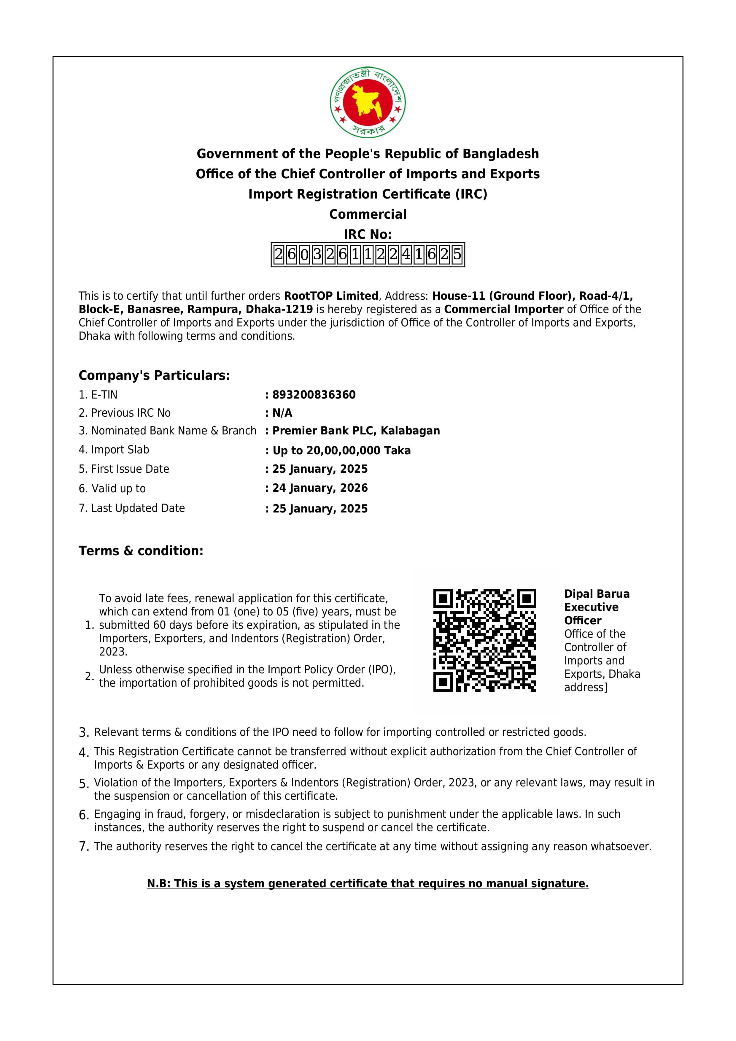 Import Registration Certificate (IRC)